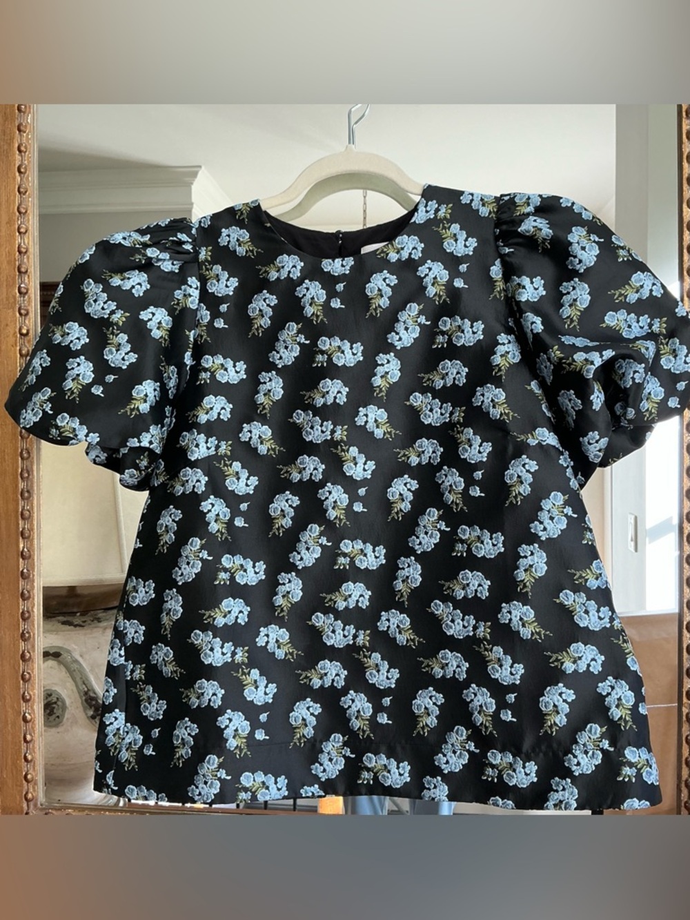 Tuckernuck Pomander place Black Puff Sleeve Top with Blue Floral Print.